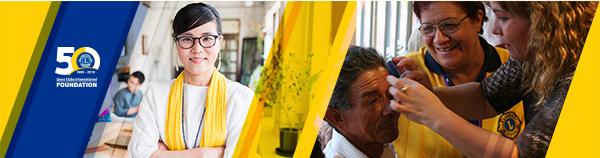 LCIF 50th Anniversary Logo, Woman wearing eyeglasses, Man getting eye exam